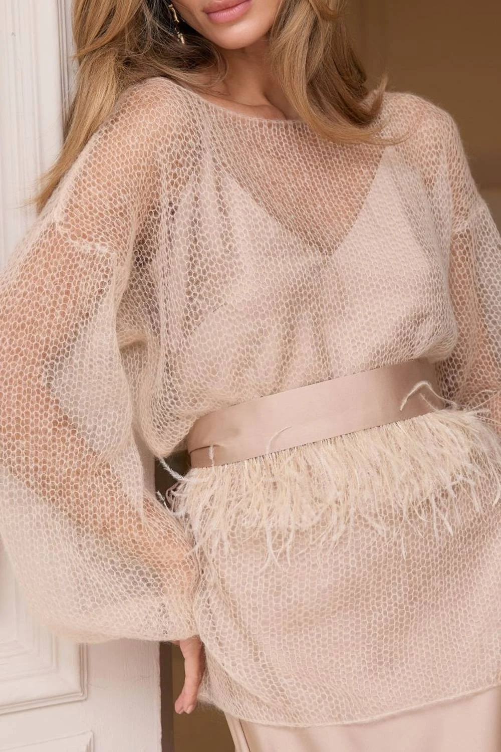 Champagne Open Knit Sweater and Satin Midi Skirt Two Piece Set with Feather Belt