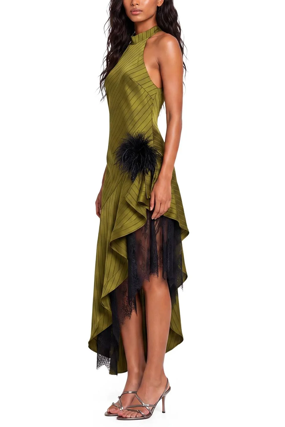 Olive Green Striped Satin Halter Maxi Dress with Feather and Lace Trim