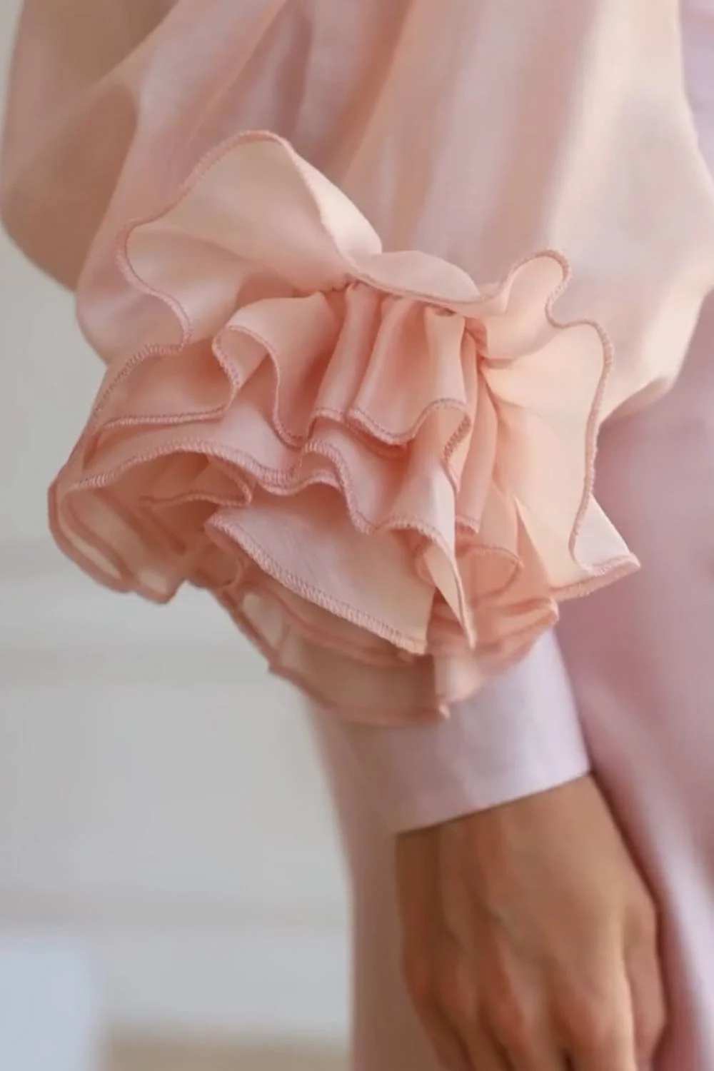 Blush Pink Sheer Ruffle Sleeve Blouse and Satin Midi Skirt Two Piece Set