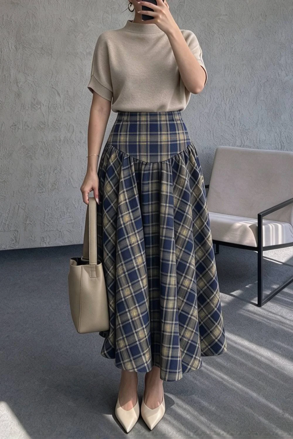 Short Sleeve Mock Neck Knit Top and High Waist Plaid Flared Skirt Two Piece Set