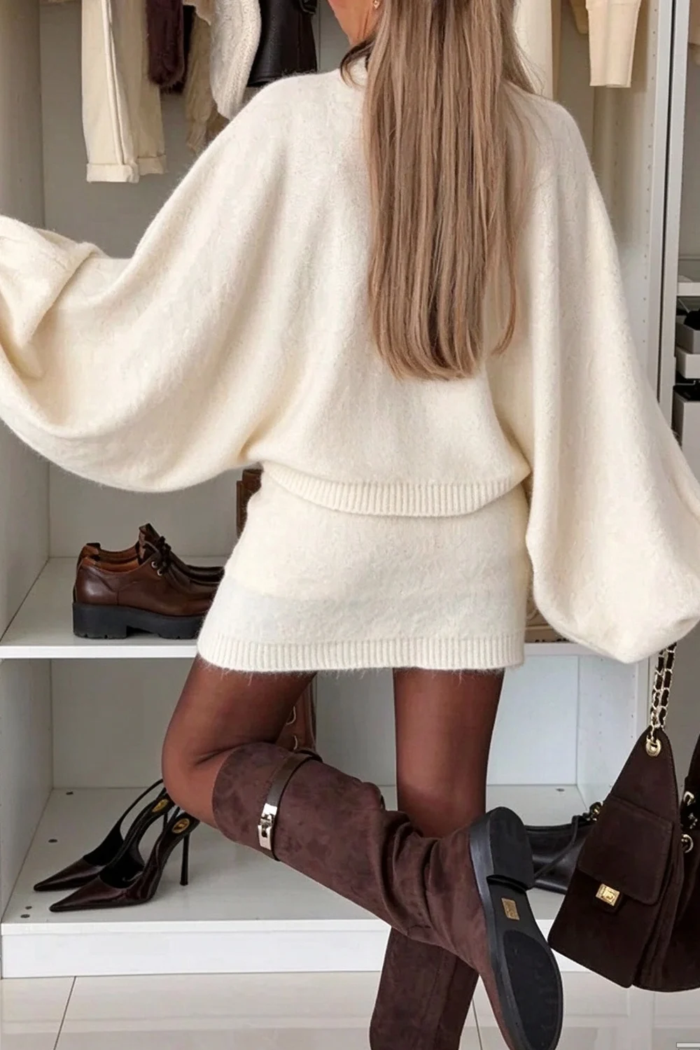 Cream Fuzzy Knit Batwing Sweater and Mini Skirt Two Piece Set