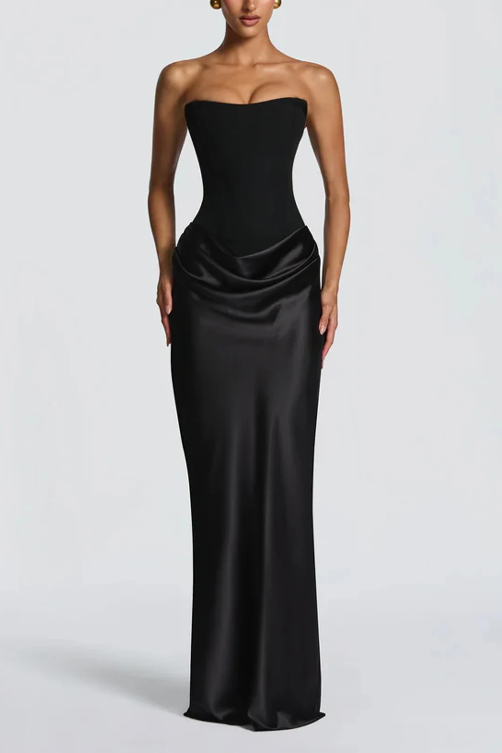 Strapless Corset Draped Satin Maxi Dress with Chiffon Neck Scarf