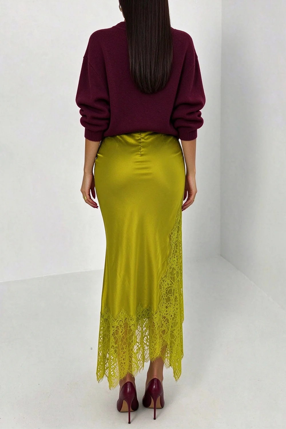 Burgundy Long Sleeve Sweatshirt and Olive Satin Lace Trim Midi Skirt Two Piece Set [erp-image:5a8155617393e364849dc622]