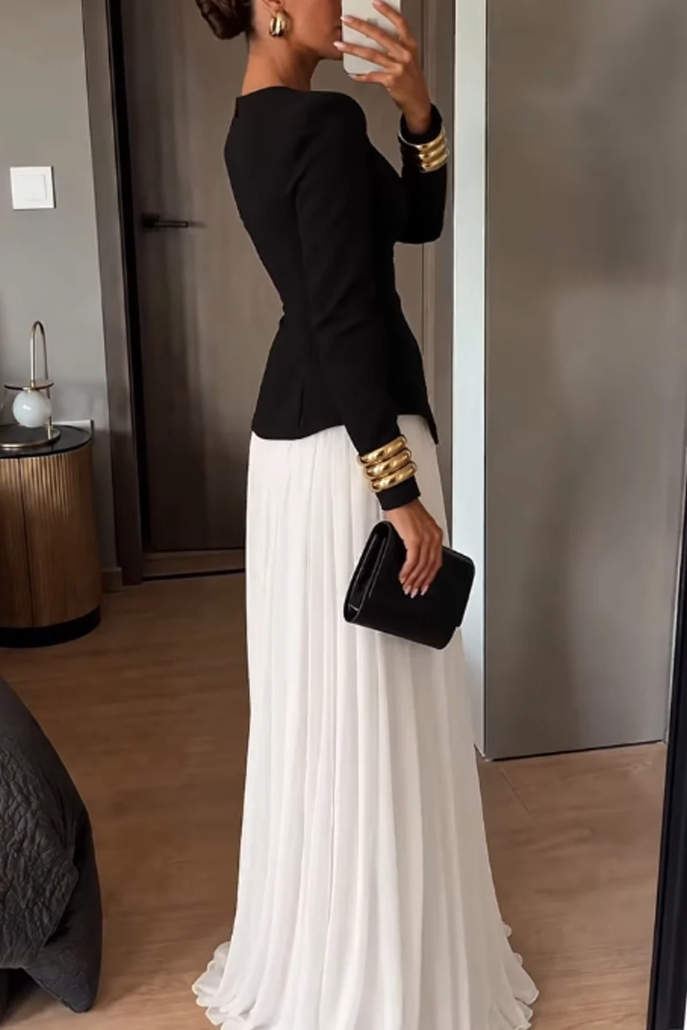 Elegant Long Sleeve Peplum Split Top and Pleated Maxi Skirt Two Piece Set [erp-image:0adf4c9e8fd58941ebd344c5]