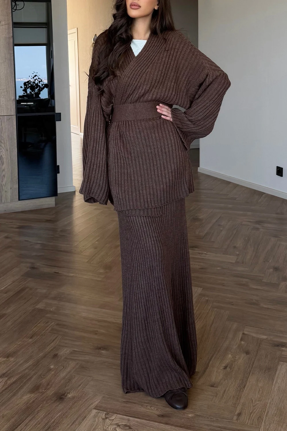 Ribbed Knit Long Sleeve Wrap Top and Maxi Skirt Two Piece Set [erp-image:eb179dfc30373a68104e6577]