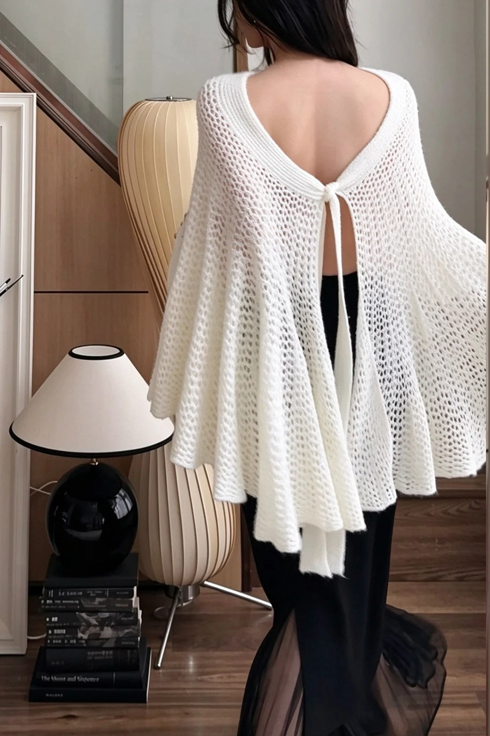Women's Open Knit Cape Top Flowing Asymmetric Hem Flared Poncho Blouse [erp-image:9aff7fca5176982c704ecf58]