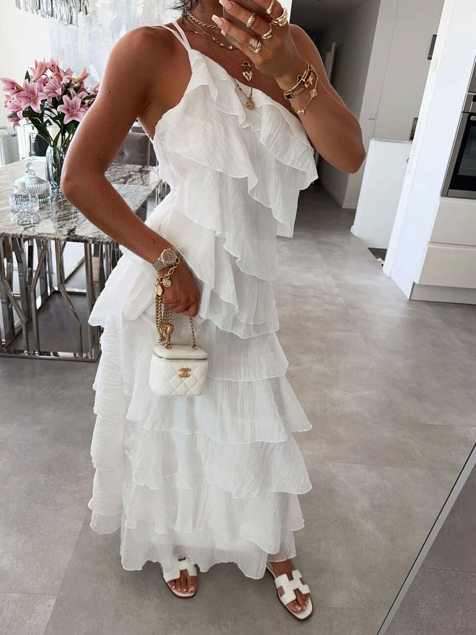 One-Shoulder Flowing Ruffle Dress