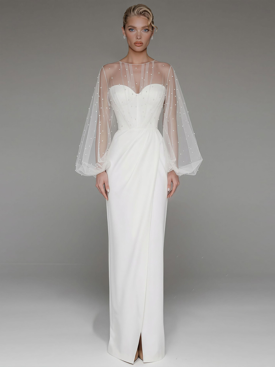 Elegant Beaded Sheer Sleeve Maxi Dress