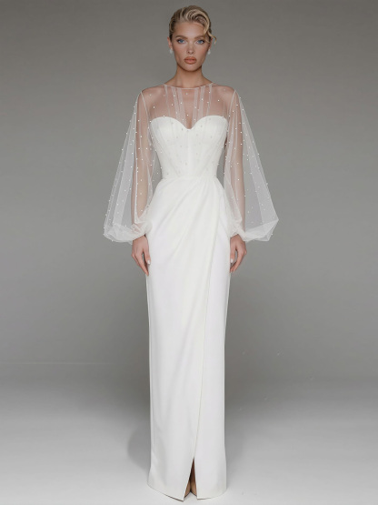 Elegant Beaded Sheer Sleeve Maxi Dress