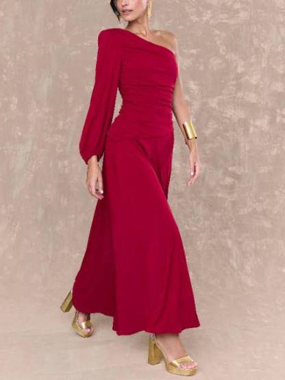 Off-shoulder Single-sleeve Front Slit Maxi Dress