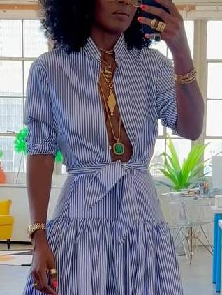Striped Stand Collar Shirt And Skirt Suit-Shirt