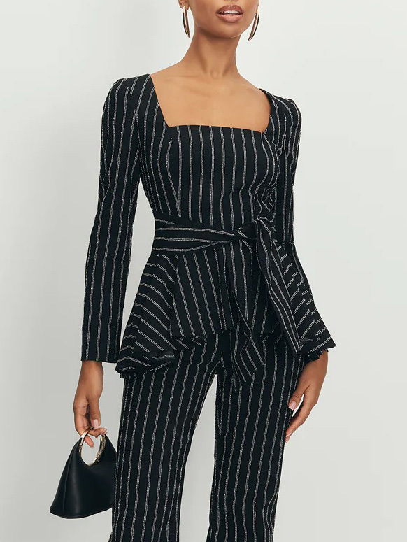 Elegant Striped Square Neck Belted Ruffled Shirt
