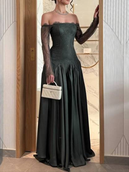 Off-shoulder Lace Splicing Maxi Dress