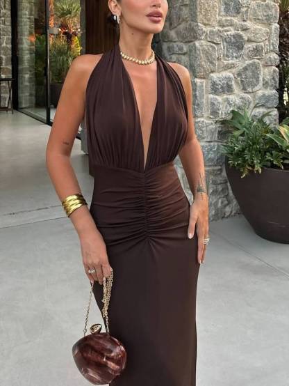 Deep V-Neck Backless Pleated Maxi Dress