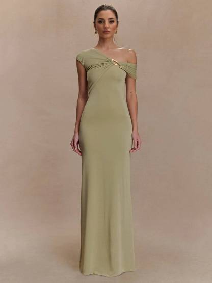Off-shoulder Asymmetric Design Slim-fit Maxi Dress