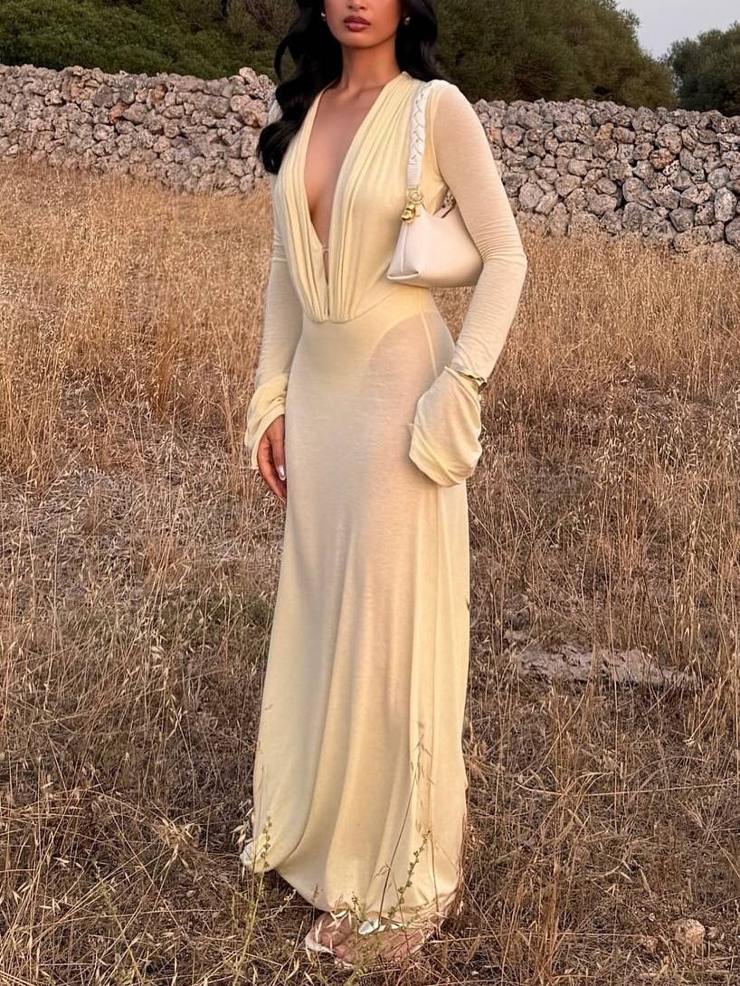 Deep V-neck Semi-transparent Long Sleeve Maxi Dress