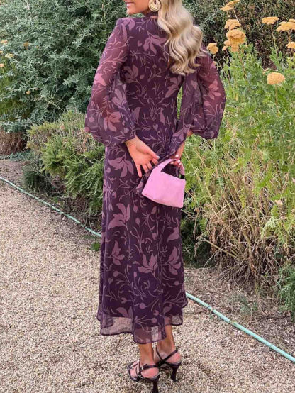 V-Neck Pleated Puff Sleeve Printed Dress