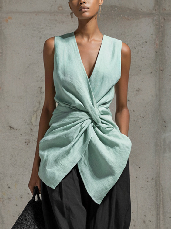 Casual Twist Front V-Neck Top & Pants Two-Piece Set