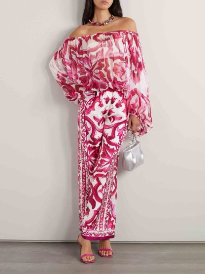 Elegant Baroque Floral Print Off-Shoulder Chiffon Two-Piece Set