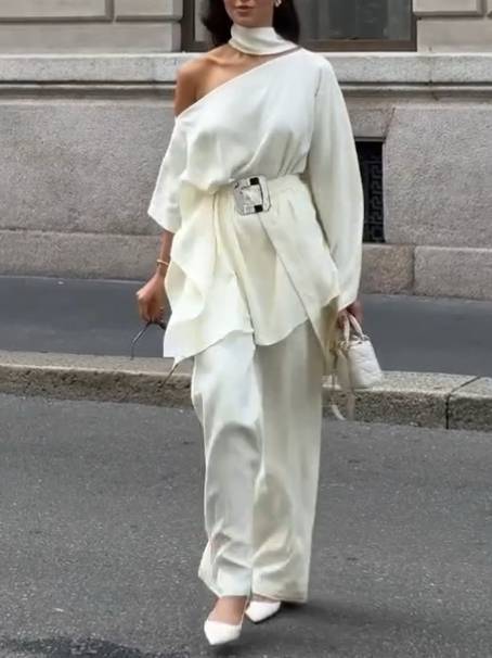Off-shoulder Belt Shirt And Wide Leg Pants Set