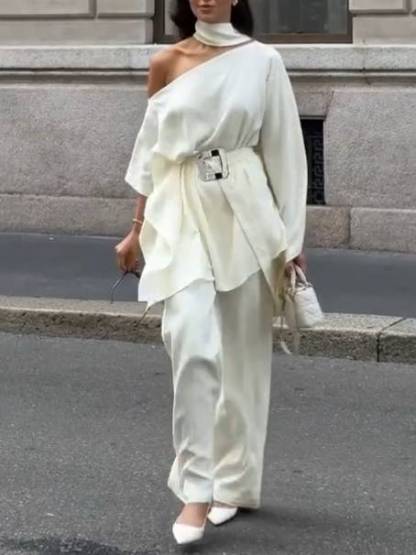Off-shoulder Belt Shirt And Wide Leg Pants Set