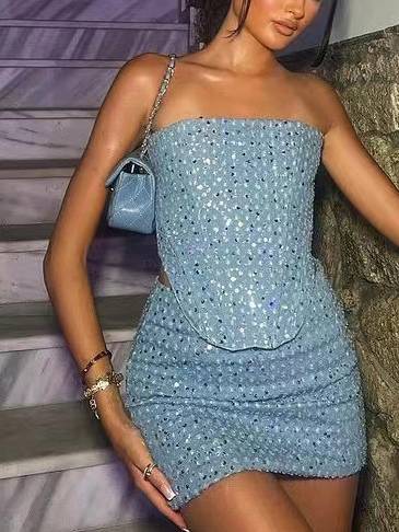 Denim Sequined Tube Top Hip-hugging Skirt Suit