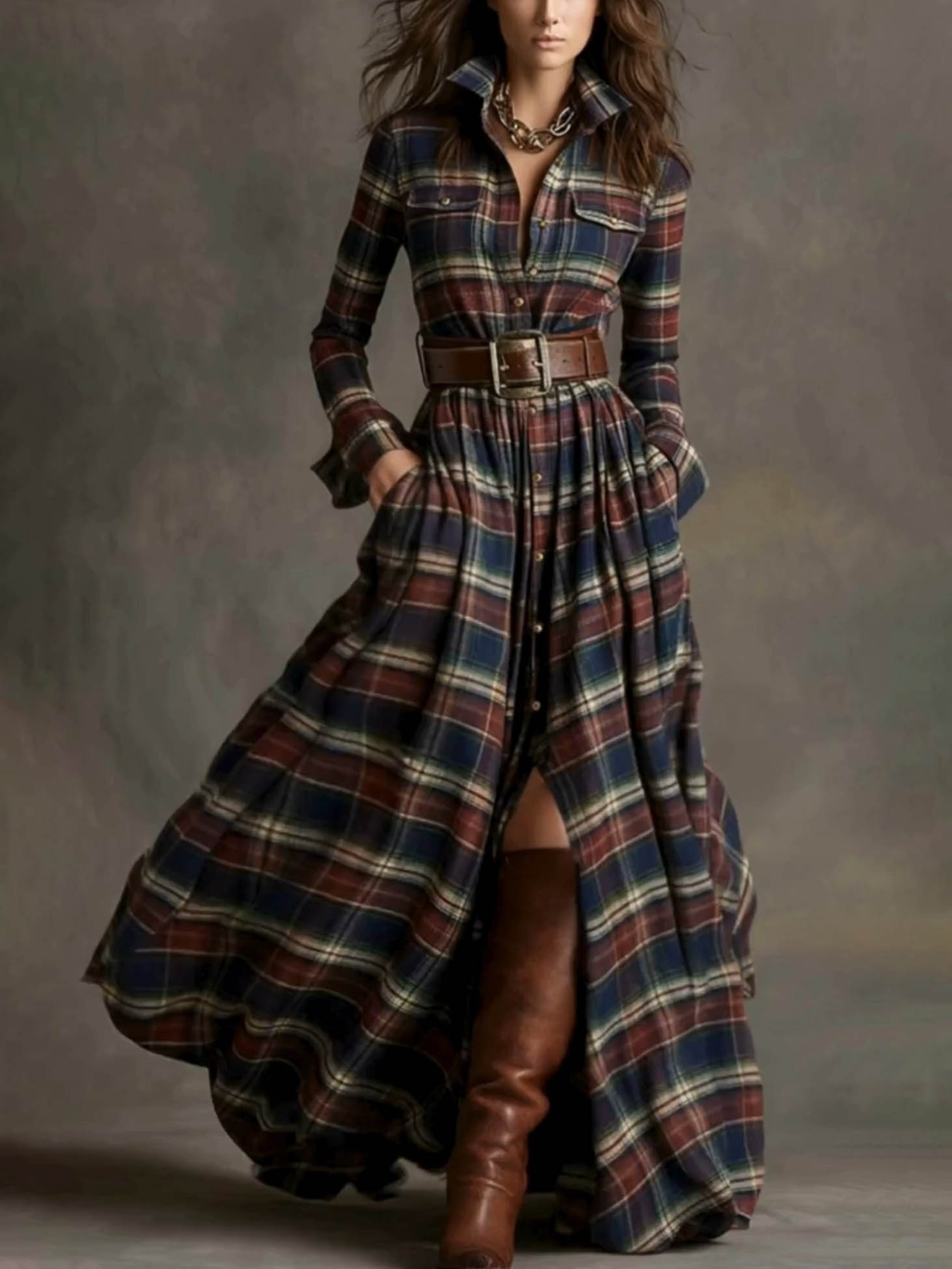 Retro-style Collared Colorful Plaid Maxi Dress