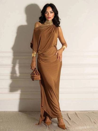 Oblique Collar Off-Shoulder Pleated Maxi Dress