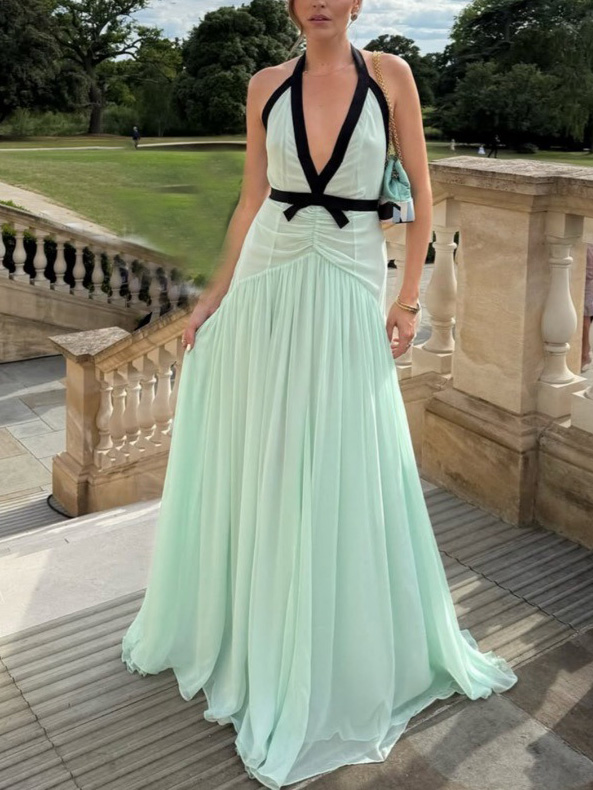 Elegant V-neck Bow Chiffon Flowing Maxi Dress