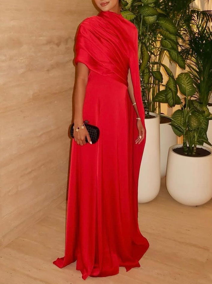 Asymmetrical Pleated Ribbon Maxi Dress