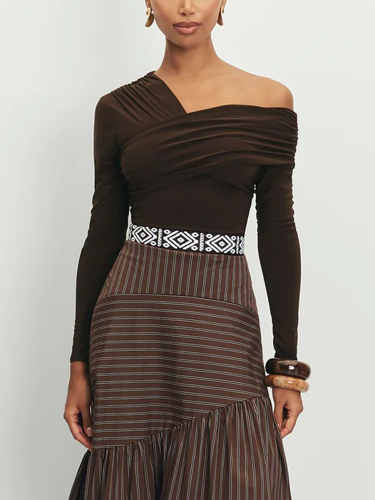 Elegant Off-the-shoulder Pleated Long-sleeved T-shirt