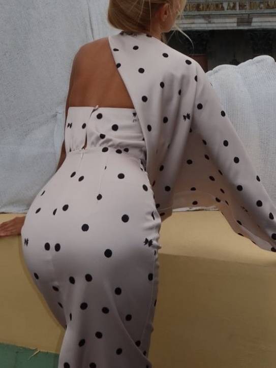 One-sleeve Asymmetrical Design Polka Dot Maxi Dress