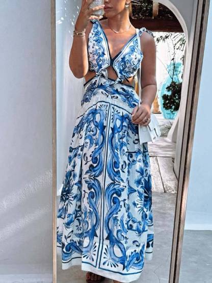 Printed Lace-Up Midi Dress