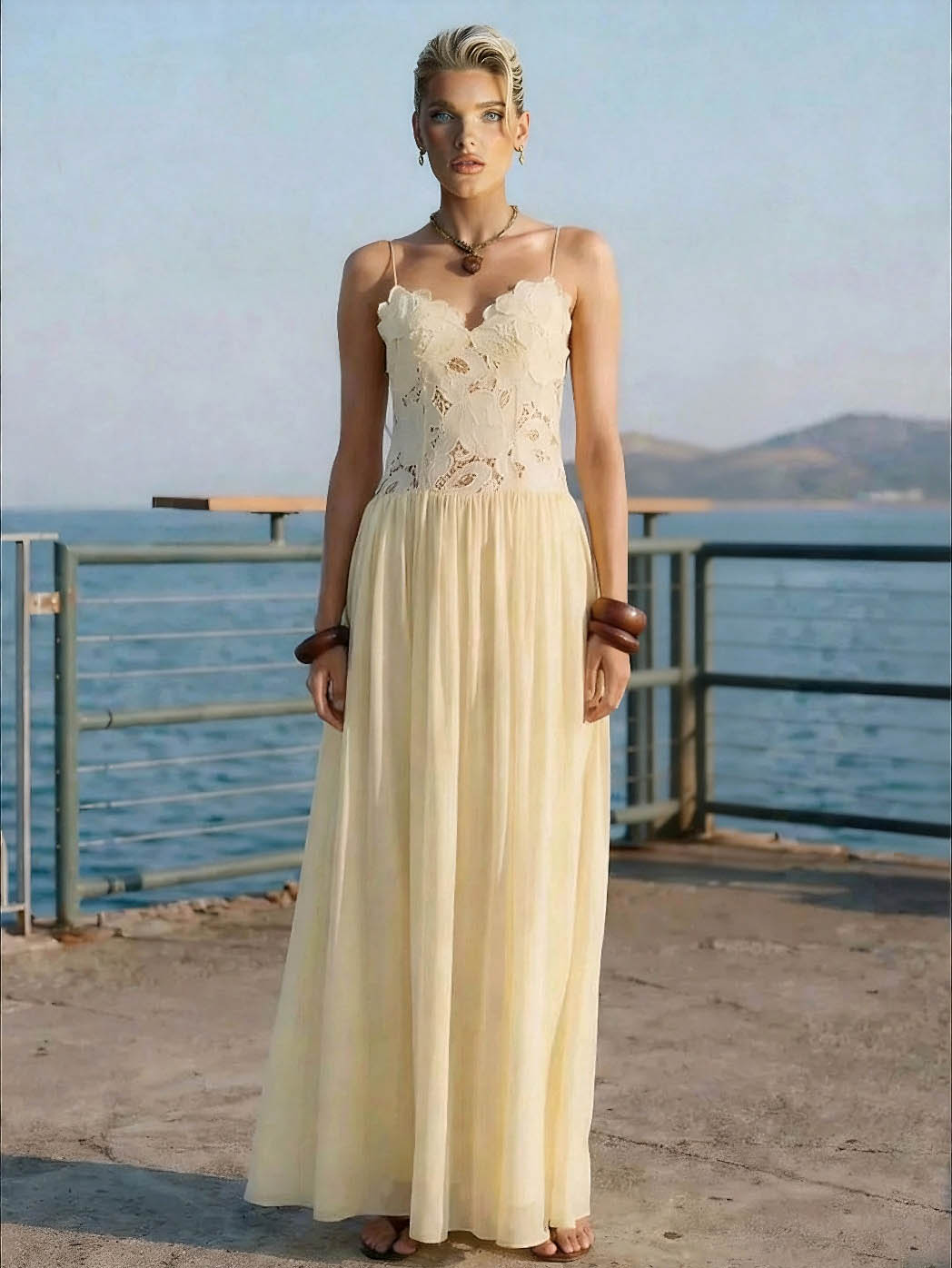 Elegant Lace Spaghetti Strap Floral Appliqué Maxi Dress