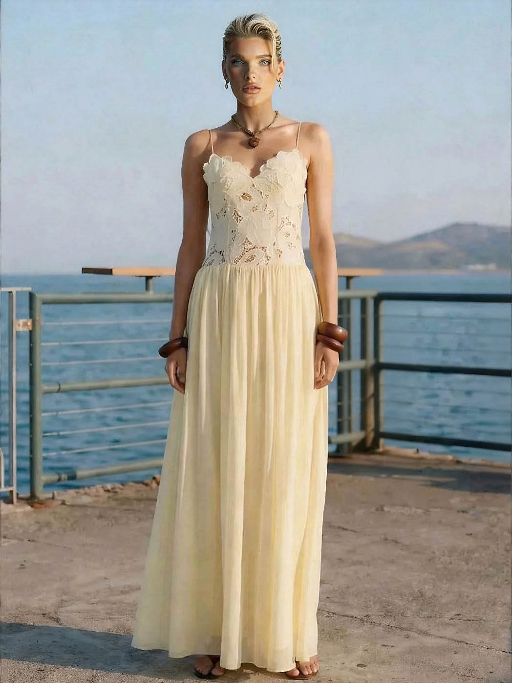 Elegant Lace Spaghetti Strap Floral Appliqué Maxi Dress