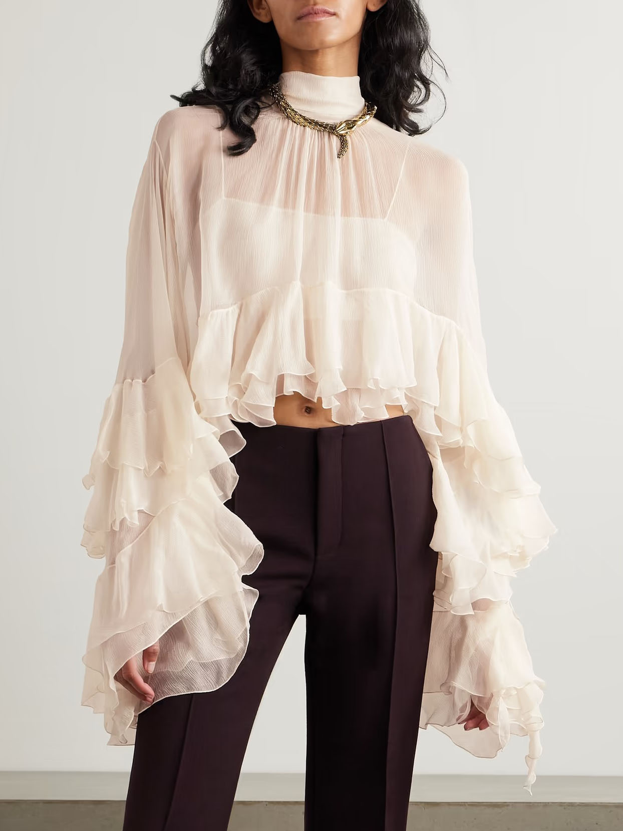 Exquisite Ruffled Chiffon Long-sleeved Short Shirt