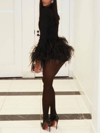 Feather Design Deep V-Neck Mini Dress