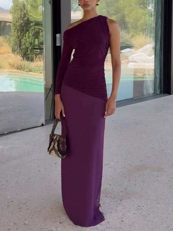 Single-sleeve Asymmetric Design Side Slit Maxi Dress