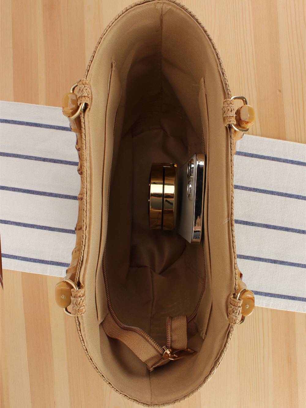 Bamboo Handle Striped Contrast Color Straw Handbag