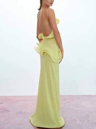 Playful Curled Hem Slim Fit Maxi Dress