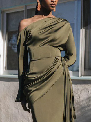 Elegant One-Shoulder Ruched Satin Long-Sleeve Blouse