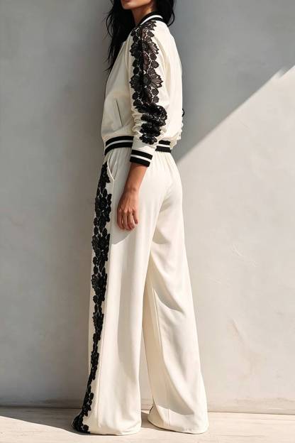 Ribbed Collar Zip‑Up Lace Splice Jacket & Elastic Waist Wide Leg Pants Two‑Piece Set