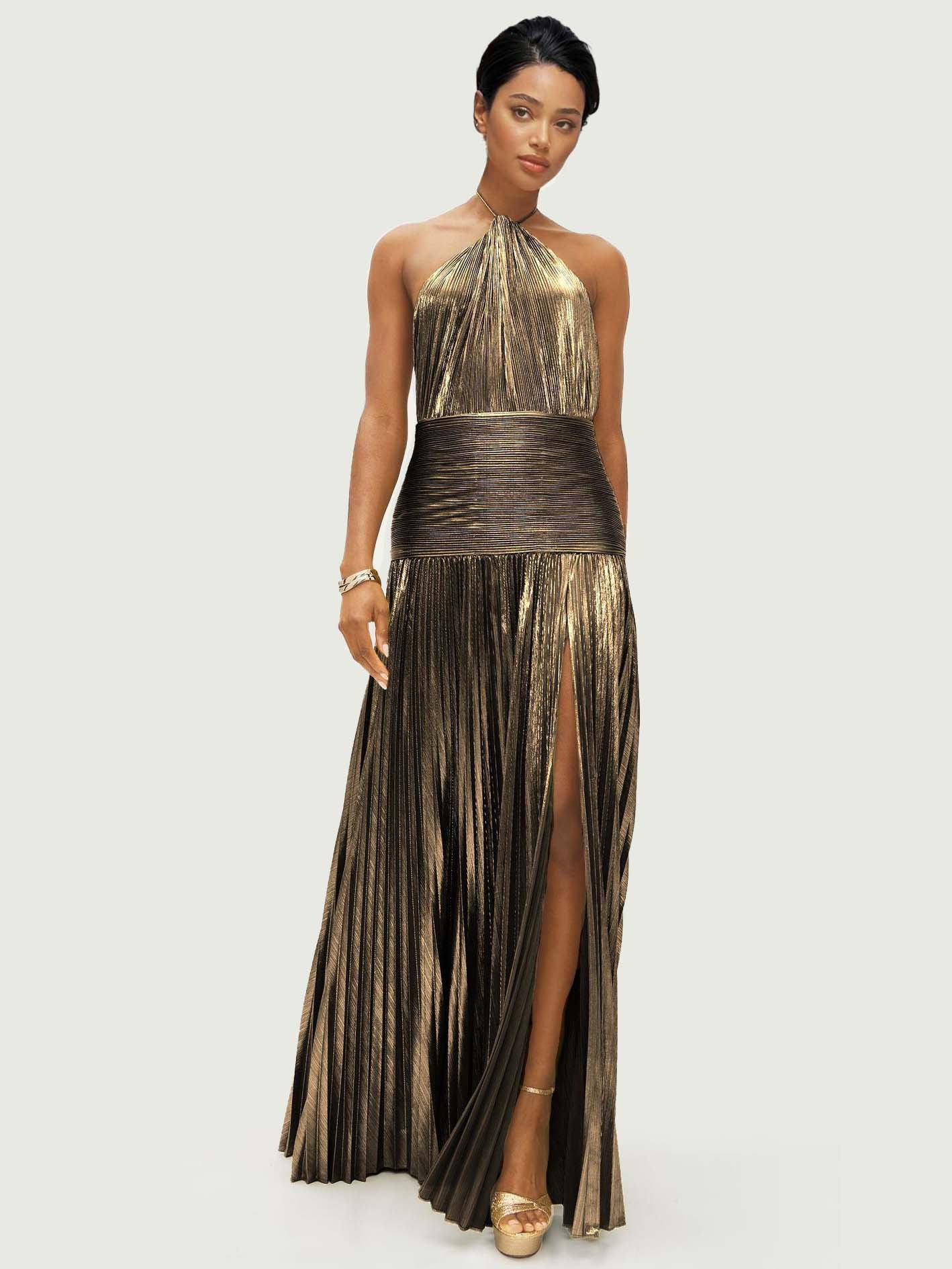Elegant Metallic Pleated Halter Neck Maxi Dress