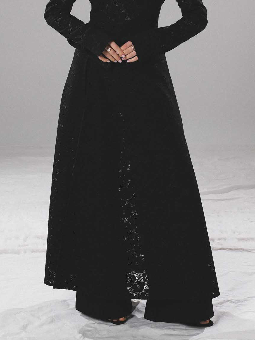 Elegant High-neck Lace Robe & Trousers Two-piece Set