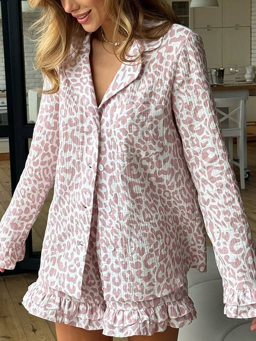 Leopard Print Long Sleeve Shorts Pajamas Suit