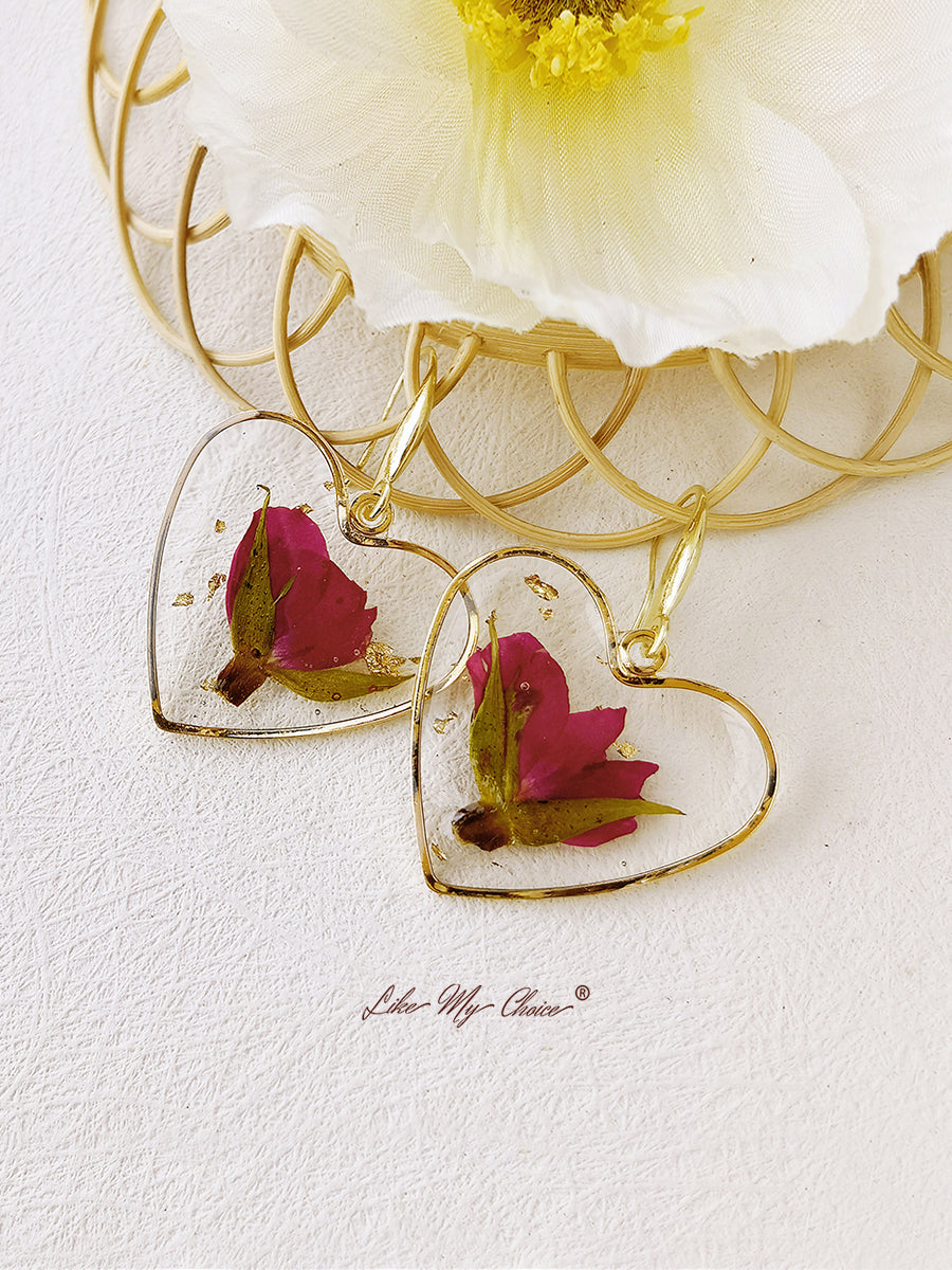 Pressed Flower Earrings - Resin Heart Dried Flower-Likemychoice