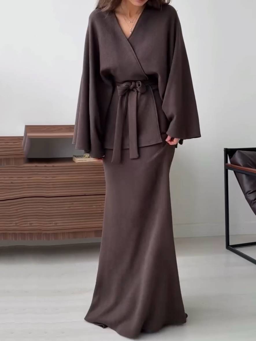 Lace-Up Long Sleeve Top And Skirt Set