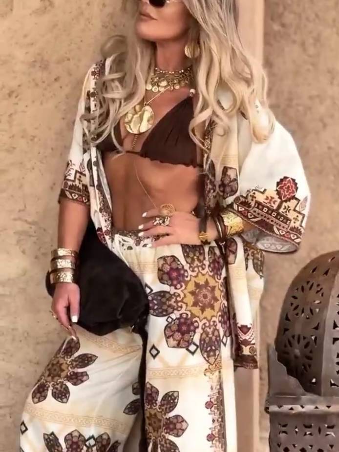 Unique Print Shirt And Wide Leg Pants Suit-Shirt