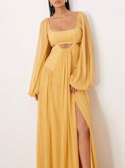 Vintage Square Collar Hollow Design Long Sleeve Maxi Dress