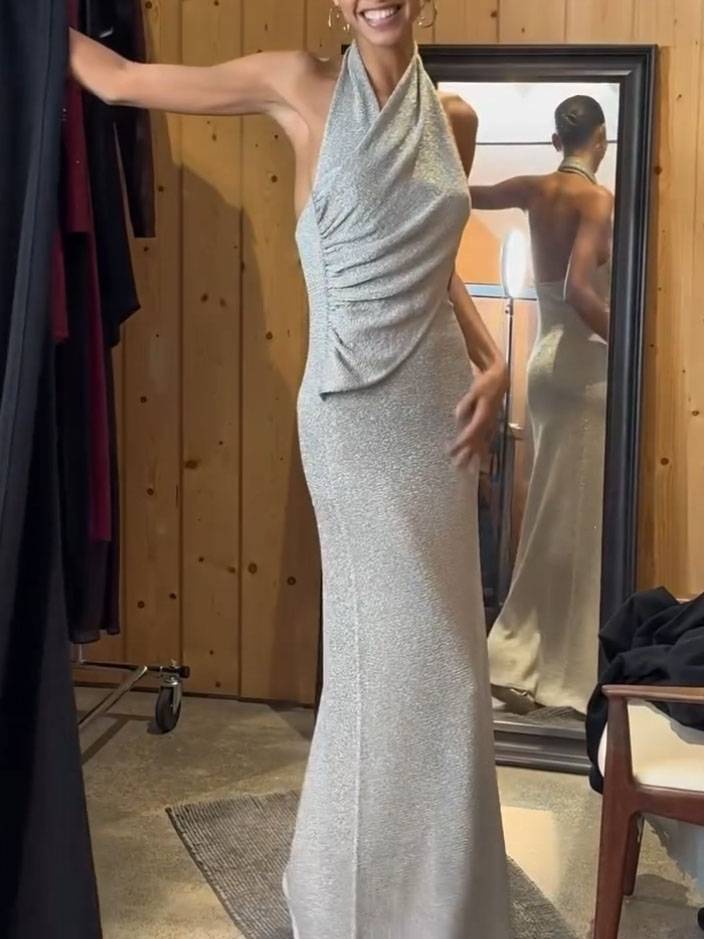 Shiny Halter Backless Maxi Dress